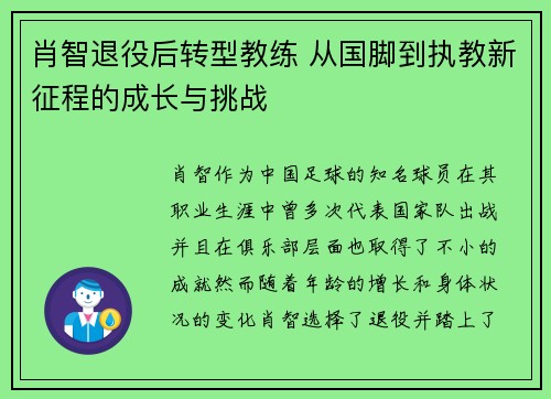肖智退役后转型教练 从国脚到执教新征程的成长与挑战 肖智退役后转型教练 从国脚到执教新征程的成长与挑战