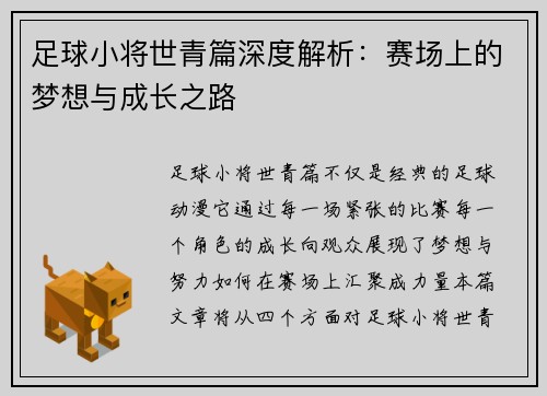 足球小将世青篇深度解析：赛场上的梦想与成长之路